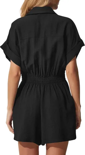 Vista 2 de Enterizo elástico de manga corta con cuello en V y bolsillos para mujer
