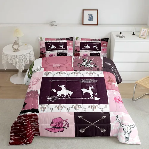 Vista 38 de Ropa de cama con estampado de vaca marrón tamaño individual, juego de edredón rústico de piel de vaca con calavera de vaca, relleno de edredón