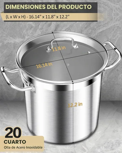 Vista 2 de STOCKPOT Olla de acero inoxidable de 20 cuartos de galón con tapa de vidrio templado, base de 3 capas, 8.8 libras, acabado pulido, adecuada