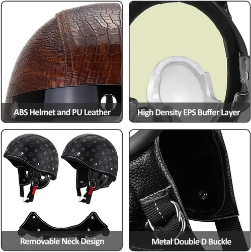 Vista 5 de Casco de motocicleta estilo alemán estilo retro medio casco de cuero medio abierto - aprobado por DOT para hombres y mujeres vintage motocicleta