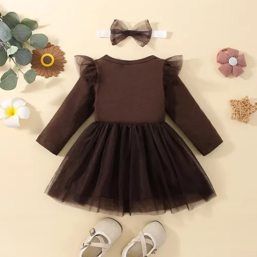 Vista 6 de Vestido de Acción de Gracias para niña pequeña vestido de manga larga con volantes vestido de tul de pavo con diadema