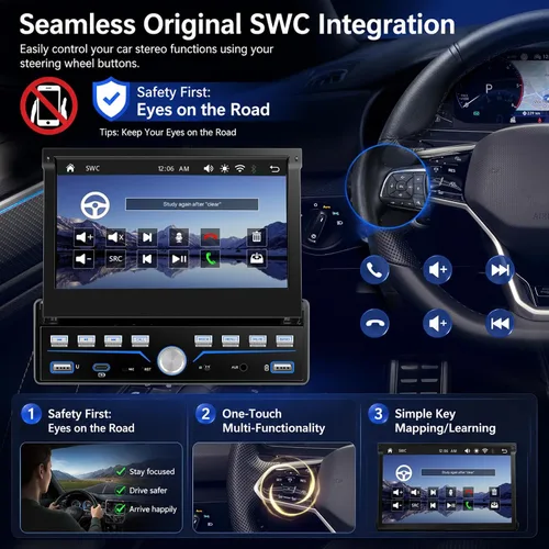Vista 6 de Estéreo de Coche Individual DIN Apple Carplay y Android Auto 1 DIN 7 Pulgadas Pantalla Táctil Abatible Radio de Coche con Bluetooth y Micrófono
