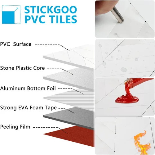 Vista 5 de STICKGOO 1 hoja de azulejos de espiga para despegar y pegar, PVC de mármol blanco para salpicaderos, azulejos de pared autoadhesivos para cocina