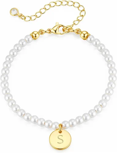 Vista 28 de Ursteel Pulsera de Perlas con Inicial para Mujer - Delicada Pulsera de Cuentas de Perlas con Letra Chapada en Oro de 14 Quilates para Mujer