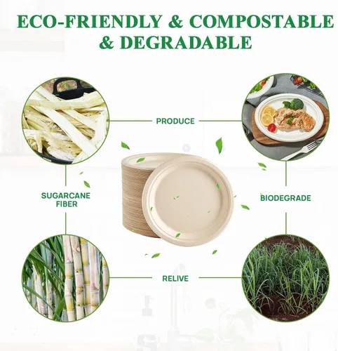 Vista 5 de Vplus Paquete de 200 platos de papel de 7 pulgadas, 100% compostables, desechables, resistentes y desechables, bagazo, natural, biodegradable