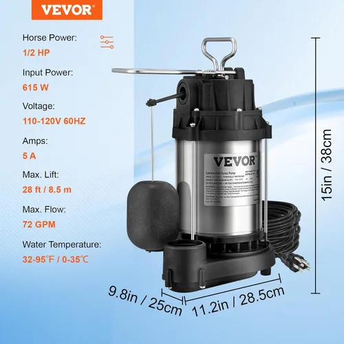 Vista 7 de VEVOR Bomba de sumidero sumergible de 1/2 HP, bomba de sumidero con superficie de acero inoxidable, cable de alimentación de 10 pies, descarga NPT