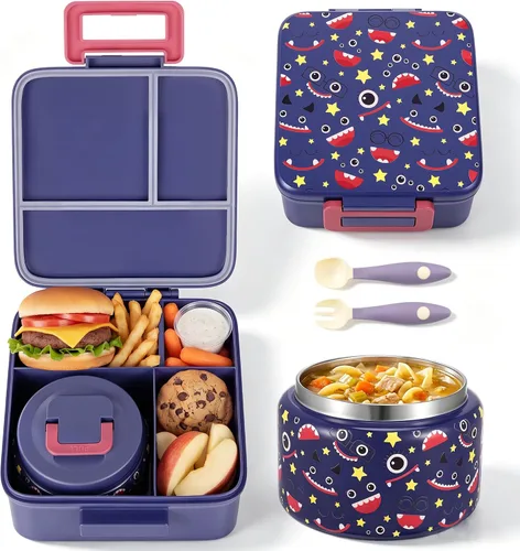 Vista 9 de MAISON HUIS Lonchera Bento con termo de sopa de 8 onzas y bolsa de almuerzo aislada, recipientes de comida a prueba de fugas para niños con 5