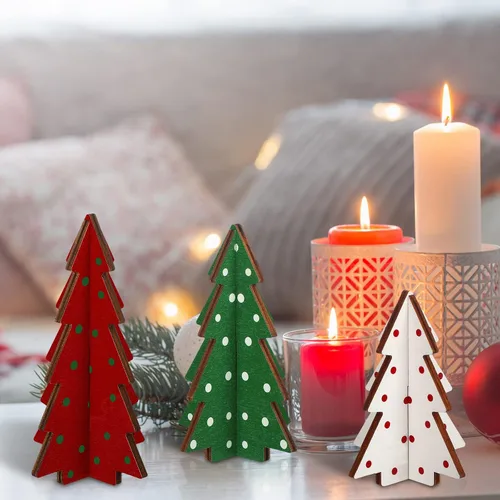 Vista 5 de Yookeer Decoración Navideña 3 Piezas Mesa de Madera Rústica Árbol de Navidad Granja Centro de Mesa de Madera Navideño para Mesa Pequeña Árboles