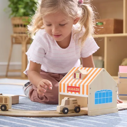 Vista 4 de Guidecraft Edificios comunitarios: Juego de 6 edificios de madera para jugar en bloques