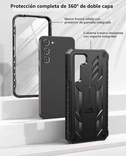 Vista 3 de Funda FNTCASE para Samsung-Galaxy S23+Plus, protector de pantalla incorporado negro Rugged Kickstand, 20FT Military-Grade Drop Protection, Matte
