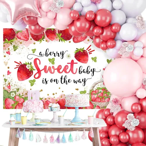Vista 3 de Mocsicka Telón de fondo de fiesta de baby shower de fresa, 6 x 4 pies, decoración de fiesta de baby shower, con texto en inglés "A Berry Sweet Baby