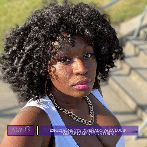 Vista 2 de YEAME Pelucas rizadas para mujeres negras, peluca rizada afro con flequillo, negro natural, resistente al calor, peluca completa de 15 pulgadas #1B