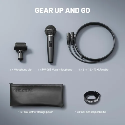 Vista 8 de Phenyx Pro Micrófono vocal dinámico, micrófono cardioide con interruptor de encendido/apagado, cable XLR de 16.4 pies, clip de micrófono, bolsa