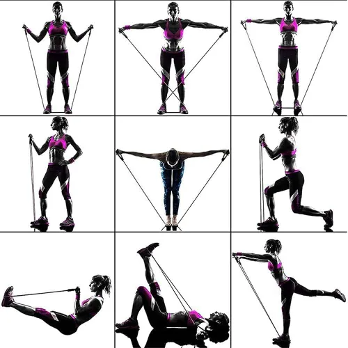 Vista 7 de Banda de ejercicio de resistencia con asas, banda de entrenamiento para terapia física, entrenamiento de fuerza, gimnasio en casa, fitness