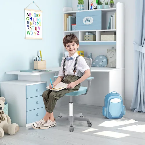 Vista 2 de Silla de escritorio para niños, silla ergonómica giratoria para estudio con soporte lumbar, malla transpirable y ruedas de bloqueo automático, silla
