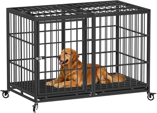 Vista 10 de Snuowu Jaula para perros de alta resistencia de 42 pulgadas con ruedas, jaula indestructible a prueba de escapes para perros grandes, extragrande