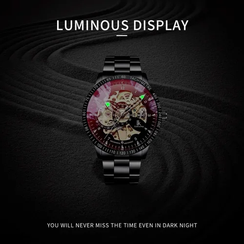 Vista 4 de IK Men's Watch Skeleton Automatic Mechanical Wristwatch, Silver Golden Dial Tachymeter Black Stainless Steel Casual Steampunk Watch