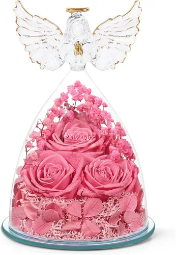Vista 7 de Regalos de rosas preservadas para mujeres, flores frescas eternas en cristal con figuras de ángel para entrega, rosas moradas para abuela, mamá