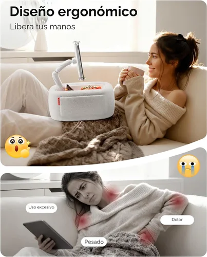 Vista 8 de LULULOOK Soporte de almohada Kindle ultra esponjoso para leer, soporte de almohada para tableta con cuenco de aperitivos y brazo plegable compatible