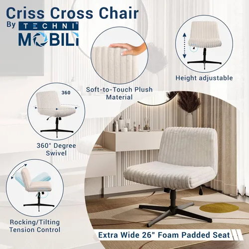 Vista 4 de Silla cruzada sin brazos, silla de escritorio de oficina extra ancha sin ruedas, asiento acolchado extra grande de 26 pulgadas para sentarse