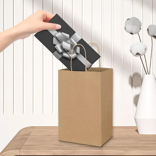 Vista 7 de Toovip Cada paquete de 100 bolsas pequeñas de papel kraft marrón y negro con asas a granel
