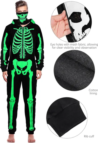 Vista 5 de SOMSOC Disfraz de esqueleto de Halloween para hombre que brilla en la oscuridad para adultos, pijama de calavera de Halloween, conjunto de overol