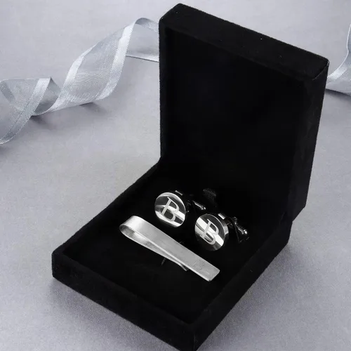 Vista 6 de Diamday Cuff Links and Tie Clips Set Personalized Cufflinks for Men Silver Gold Initial Cufflinks Men's Link Shirt Studs Tie Letter Tie Clips and