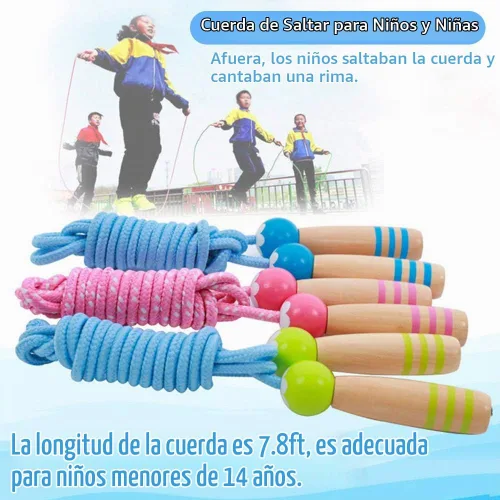 Vista 5 de Cuerda de Saltar para Niños, Cuerda de Saltar Ajustable de 7 Pies de Algodón con Mango de Madera para Niños y Niñas, Ejercicio al Aire Libre