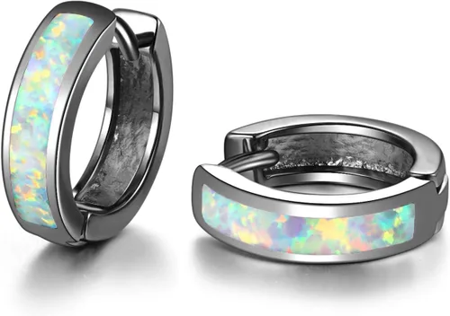 Vista 233 de CiNily Aretes Huggie de ópalo con bisagras, chapados en oro, hipoalergénicos, pequeños aretes de aro para mujeres, adolescentes, niñas, hombres