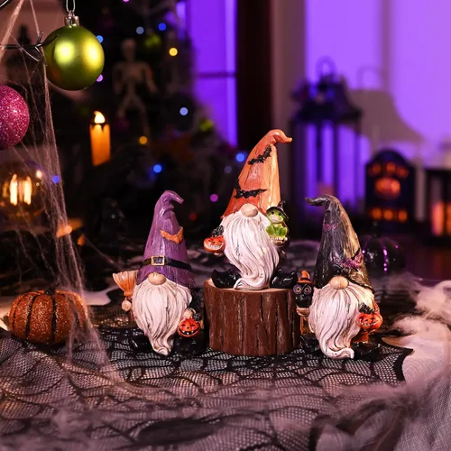 Vista 5 de Valery Madelyn Gnomos decoraciones de Halloween para interiores, 3 piezas de decoración de gnomos de resina para el hogar con sombrero de bruja