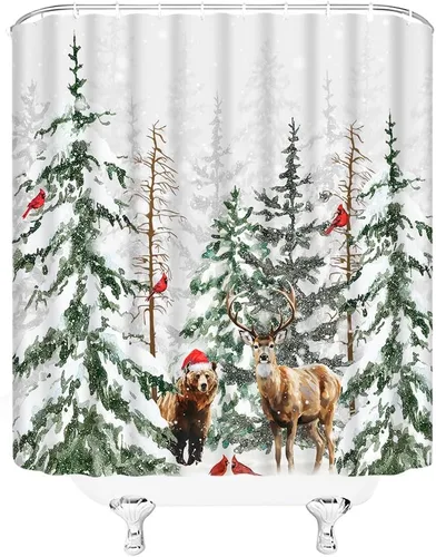 Vista 3 de Cortina de ducha con diseño de oso de ciervo, bosque de invierno, animales salvajes, pájaros rojos, alce, escena de nieve, pino, abeto, Navidad
