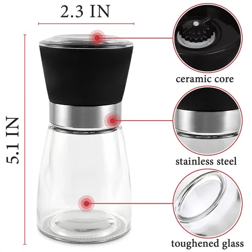 Vista 2 de Molinillo de pimienta pequeño – Molinillo de sal y pimienta de vidrio recargable transparente de 6 onzas que te llenas, muele pimienta negra, sal