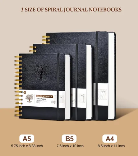 Vista 3 de Cuaderno de espiral rayado de 8.5"×11", 300 páginas con tapa dura de cuero, diarios para mujeres y hombres, cuadernos universitarios rayados A4