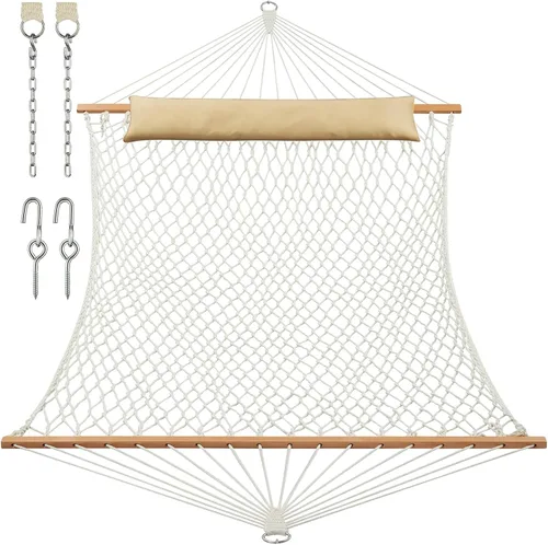 Vista 9 de JoyView Hamaca doble de cuerda tradicional, hamaca de algodón tejida a mano con barra separadora de madera dura y almohada, capacidad de 450 libras