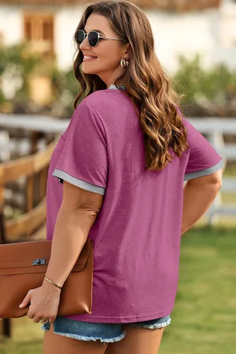 Vista 48 de Eytino Blusas de talla grande para mujer, cuello en V, manga corta, a rayas, casual, holgada, con bolsillo (1X-5X)