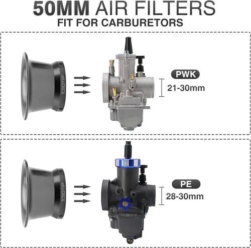 Vista 3 de 2 piezas de filtro de aire universal para motocicleta de alto rendimiento, repuesto de 1.969 in, filtro de aire para carburador PWK PE, Pit Bike