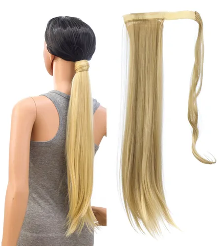 Vista 8 de SWACC - Extensiones de pelo largo, lacio y ondulado, en forma de cola de caballo, extensiones de pelo sintético con clip para mujer 1B#-Negro