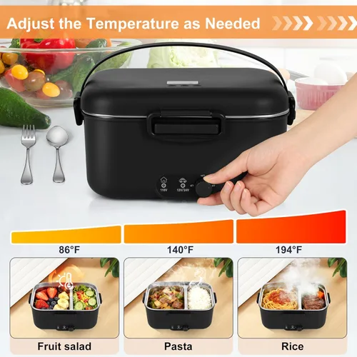 Vista 3 de Fiambrera eléctrica calentador de alimentos 1.8L - 100W Control mecánico de temperatura para adultos, 12V/24V/110V Fiambrera de calentamiento rápido