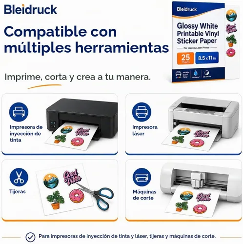 Vista 2 de Papel adhesivo de vinilo imprimible blanco brillante, 25 hojas de 8.5 x 11 pulgadas, hojas autoadhesivas impermeables para inyección de tinta e