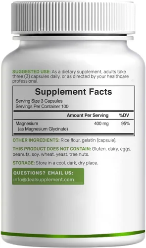 Vista 6 de Glicinato de magnesio 400 mg, 300 cápsulas 100% quelado para una fácil absorción Suplemento mineral esencial para la salud muscular, el sueño