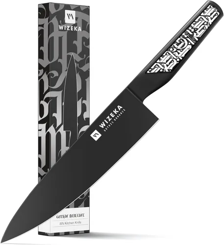 Vista 10 de WIZEKA Cuchillo de cocinero: 8 pulgadas: Cuchillo de cocina extremadamente afilado: acero inoxidable de alto carbono de espiga completa: cuchillo