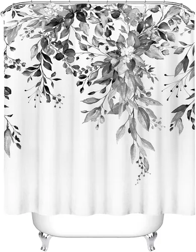 Vista 4 de Tititex - Juego de cortinas de ducha de eucalipto negro, hojas de acuarela gris en la parte superior, con decoración floral de baño, 60 x 72