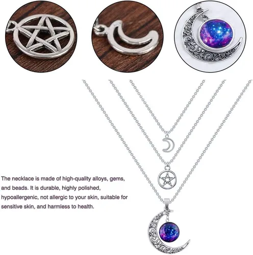 Vista 7 de MJartoria Collar de pentagrama de luna, collar de chakra de cristal, colgante, con dije, cadena de aleación multicapa, conjunto de gargantilla