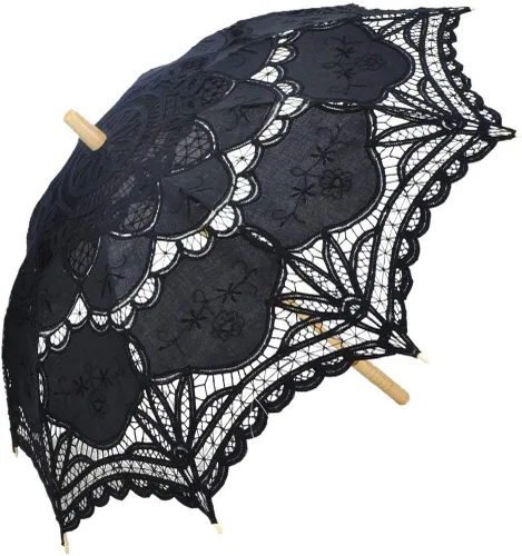 Vista 3 de Sombrilla de encaje para boda para novia de algodón a la moda con mango de madera color negro