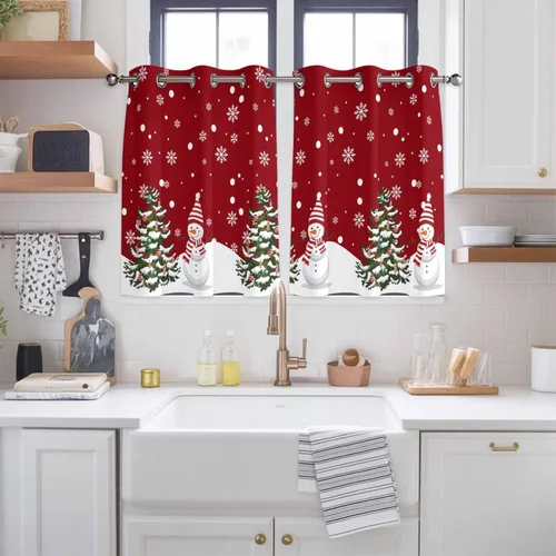 Vista 91 de Libaoge Cortinas de Navidad para cocina, dormitorio, juego de 2 paneles, diseño de muñeco de nieve de Navidad, cortinas de invierno con copos