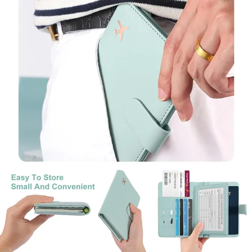 Vista 4 de Foreate Cartera para pasaporte con cremallera, cartera de viaje con ventana de identificación, funda de pasaporte, tarjetero con bloqueo RFID, Verde