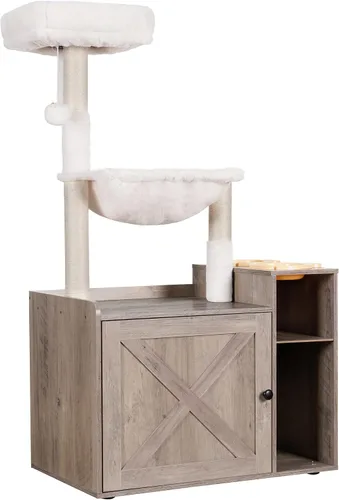 Vista 12 de Hey-brother Árbol para gatos con recinto de caja de arena XL, torre para gatos todo en uno para gatos de interior con hamaca grande, cama, estación