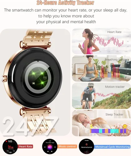 Vista 4 de Reloj para mujer, pantalla AMOLED HD de 1.25 pulgadas, reloj inteligente para mujer, rastreador de actividad física con monitor de frecuencia Dorado