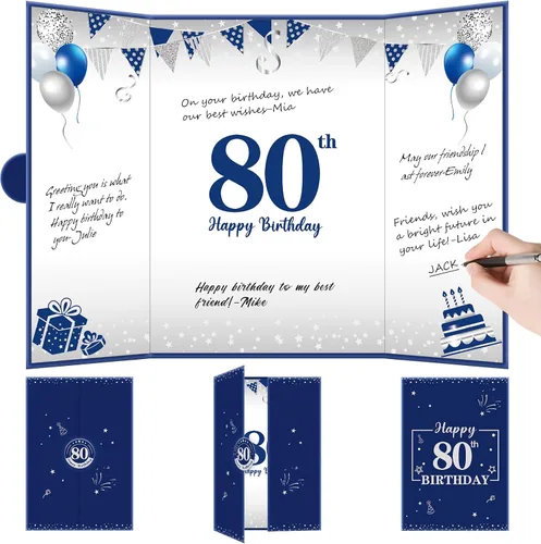 Vista 7 de Tarjeta decorativa grande de cumpleaños azul plateado para hombres y niños, libro de firmas, tarjetas gigantes, suministros de fiesta, libro