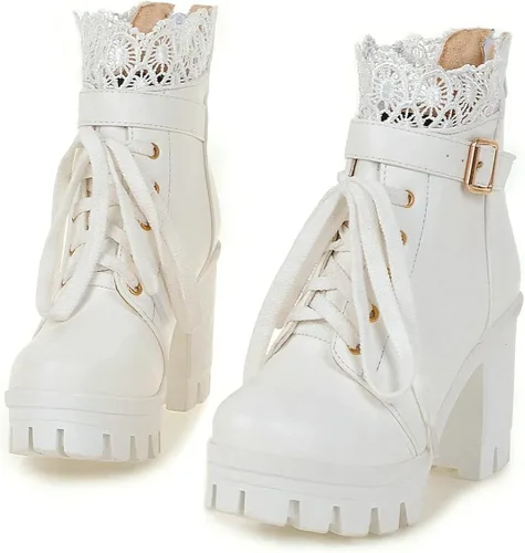 Vista 5 de BEAUPAS Botas de tacón alto con plataforma gruesa para mujer, botines góticos con cordones, tacón de bloque y hebilla, Blanco
